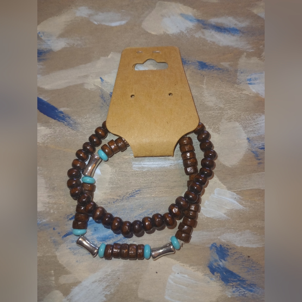 Wooden Beaded Bracelet with synthetic Turquoise Accents. (2pc set )